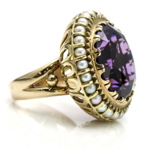 Mid-Century Amethyst Pearl Statement Ring in 14k Yellow Gold