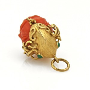 Vintage 18k Gold Emerald & Carved Coral Double Side Warrior Face Charm Pendant