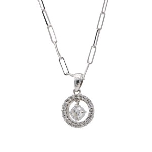 Diamond Round Dangling Pendant on Paperclip Chain in 14k White Gold 0.75 cttw