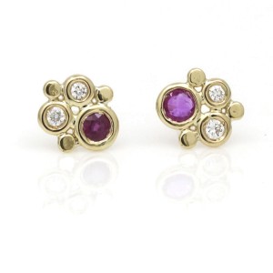 Jennifer Rivera Aros Cluster Stud Earrings in 18k Yellow Gold Ruby and Diamond