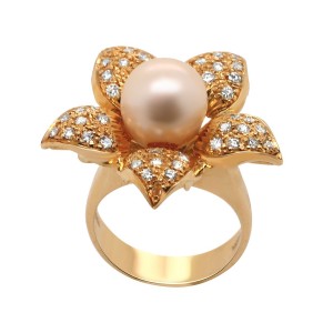 14k Yellow Gold Pearl and Diamond Flower Earrings Ring and Brooch Set