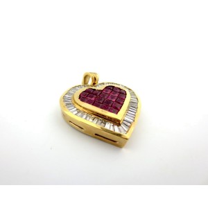 18k Yellow Gold Baguette Cut Diamonds With Princess Ruby Heart Pendant