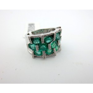 18k White Gold Oval Emerald & 5.01Ct Round Diamond Cluster Vintage Ring