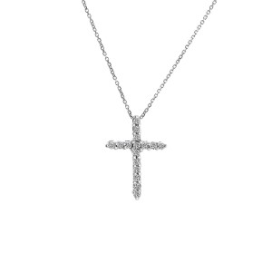 14K White Gold 0.30 Ct Round Cut Diamond Cross Pendant Necklace