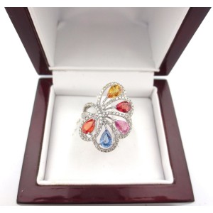 18K White Gold Butterfly Flower Round Pear Diamond, Sapphire, Citrine and Granite Ring Size 6.5  