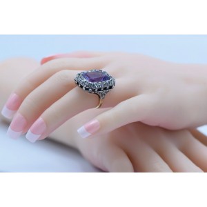 Very Beautiful Antique Diamond, Amethyst, Gold and Silver Ring