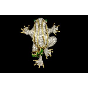 Frog Pin Brooch 18k Gold 4ct H VS Diamonds Emeralds Large 2"x1.5" 27.2g 
