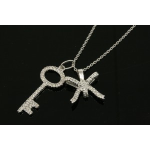 18k Diamond 2 Pendant Necklace White Gold Key & Ribbon Bow 16" 