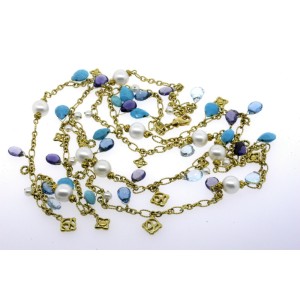 David Yurman 47" Long Necklace Chain 18k Yellow Gold Pearl Turquoise Aqua Topaz 