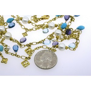 David Yurman 47" Long Necklace Chain 18k Yellow Gold Pearl Turquoise Aqua Topaz 