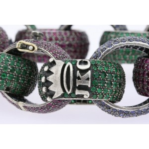 Jessica Kagan Cushman Bracelet Ruby Sapphire Emerald Pave Link Sterling Silver 