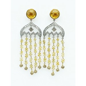 18K White Gold Diamond and Yellow Orange Sapphire Drop Dangle Earrings