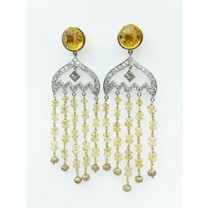 18K White Gold Diamond and Yellow Orange Sapphire Drop Dangle Earrings