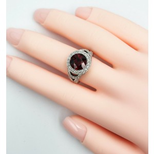 14K White Gold Large Red Garnet and Halo Diamond Ring