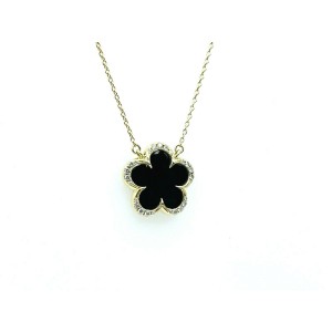 Clover Diamond and Black Onyx Pendant Necklace Set In 14K Yellow Gold 