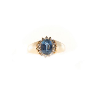 Estate 14k Yellow Gold Alfred Butler Oval Ceylon Sapphire Diamond Cluster Ring