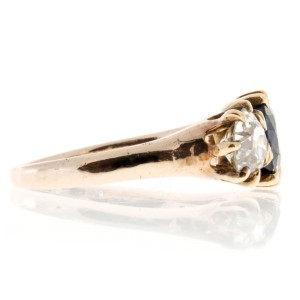 Estate 1900s 14k Yellow Gold Bright Blue Sapphire Old European Cut Diamond Ring