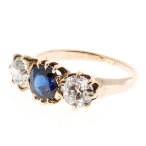 Estate 1900s 14k Yellow Gold Bright Blue Sapphire Old European Cut Diamond Ring