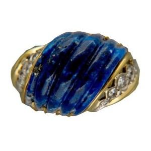 Vintage Large Untreated Carved Blue Lapis Large 18k 2 Tone Gold 10 Diamond Ring