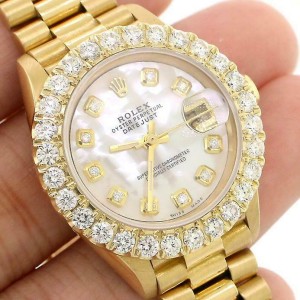 Rolex President Datejust 26mm Gold Watch w/2CT Diamond Bezel/White MOP Dial