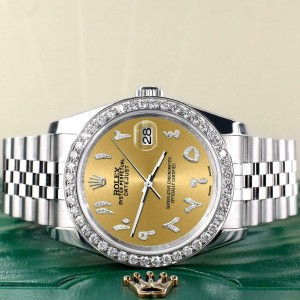 Rolex Datejust 116200 36mm 2.0ct Diamond Bezel/Champagne Arabic Dial Steel Watch