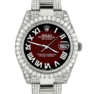 Rolex Datejust II 41mm Diamond Bezel/Lugs/Bracelet/Maroon Vignette Roman Watch