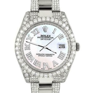 Rolex Datejust II 41mm Diamond Bezel/Lugs/Bracelet/White Pearl Roman Dial Watch