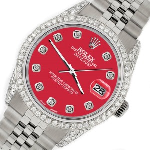 Rolex Datejust 36mm Steel Watch 2.85ct Diamond Bezel/Pave Case/Scarlet Red Dial