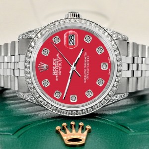 Rolex Datejust 36mm Steel Watch 2.85ct Diamond Bezel/Pave Case/Scarlet Red Dial