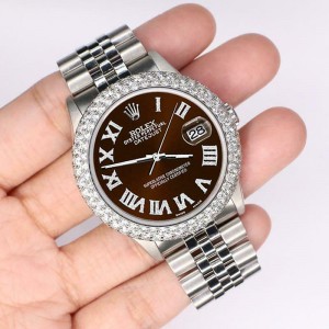 Rolex Datejust 36mm 4.6ct Dome Diamond Bezel/Chocolate Roman Dial Steel Watch