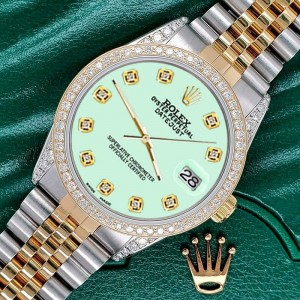 Rolex Datejust 2-Tone 36mm 1.4ct Diamond Bezel/Lugs/Light Malachite Dial Watch