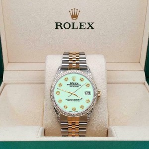 Rolex Datejust 2-Tone 36mm 1.4ct Diamond Bezel/Lugs/Light Malachite Dial Watch