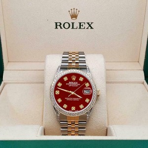 Rolex Datejust 2-Tone 36mm 1.4ct Diamond Bezel/Lugs/Imperial Red Dial Watch