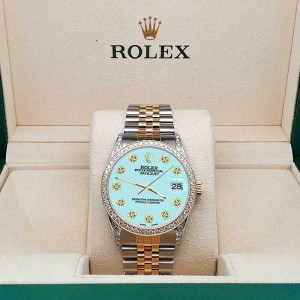 Rolex Datejust 2-Tone 36mm 1.4ct Diamond Bezel/Lugs/Aqua Blue Dial Jubilee Watch