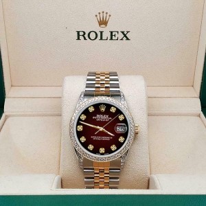 Rolex Datejust 2-Tone 36mm 1.4ct Diamond Bezel/Lugs/Maroon Vignette Dial Watch
