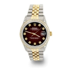 Rolex Datejust 2-Tone 36mm 1.4ct Diamond Bezel/Lugs/Maroon Vignette Dial Watch