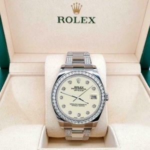 Rolex Datejust II 41mm 5ct Diamond Bezel/Bracelet/Linen White Dial Watch 116300