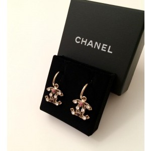 Chanel Gold-Tone Crystal Purple & Pink Accent Logo Dangle Earrings