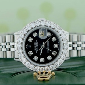Rolex Datejust Ladies 26MM Automatic Steel Jubilee Watch w/Midnight Black Diamond Dial & Diamond Bezel
