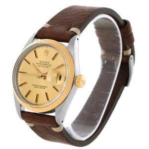 Vintage Rolex Datejust 16013 Vintage Steel Yellow Gold Brown Strap Mens Watch 