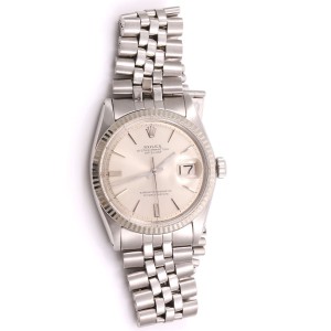 Rolex Datejust 1601 Stainless Steel & 18K White Gold Silver Stick Pie Pan Dial Vintage 36mm Mens Watch