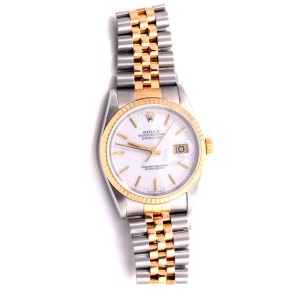 Rolex Datejust 18K Yellow Gold & Stainless Steel White Stick Marker Dial 36mm Mens Watch