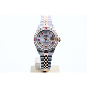 Rolex Datejust 18K/Stainless Steel Mother of Pearl Ruby Dial & Diamond - Ruby Bezel Automatic 26mm Womens Watch