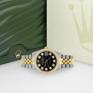 Rolex Datejust 2-Tone 18K Gold/SS Midsize 31mm Womens Watch with Black Dial & Diamond Bezel