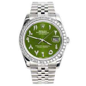 Rolex Datejust 116200 36mm 2ct Diamond Bezel/Royal Green Arabic Dial Steel Watch