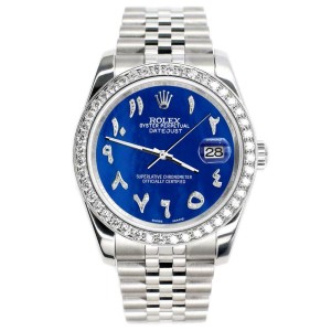 Rolex Datejust 116200 36mm 2ct Diamond Bezel/Royal Blue Arabic Dial Steel Watch