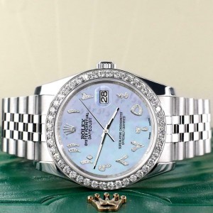 Rolex Datejust 116200 36mm 2ct Diamond Bezel/Purple MOP Arabic Dial Steel Watch