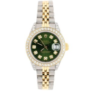 Rolex Datejust 26mm 2-Tone Gold/Steel Watch Diamond Bezel/Forest Green Dial