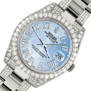 Rolex Datejust II 41mm Diamond Bezel/Lugs/Bracelet/Blue Flower Roman Dial Watch 