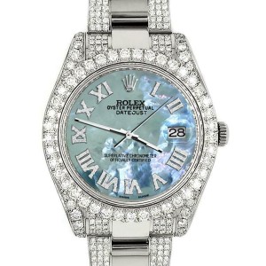 Rolex Datejust II 41mm Diamond Bezel/Lugs/Bracelet/Tahitian Blue Roman Watch